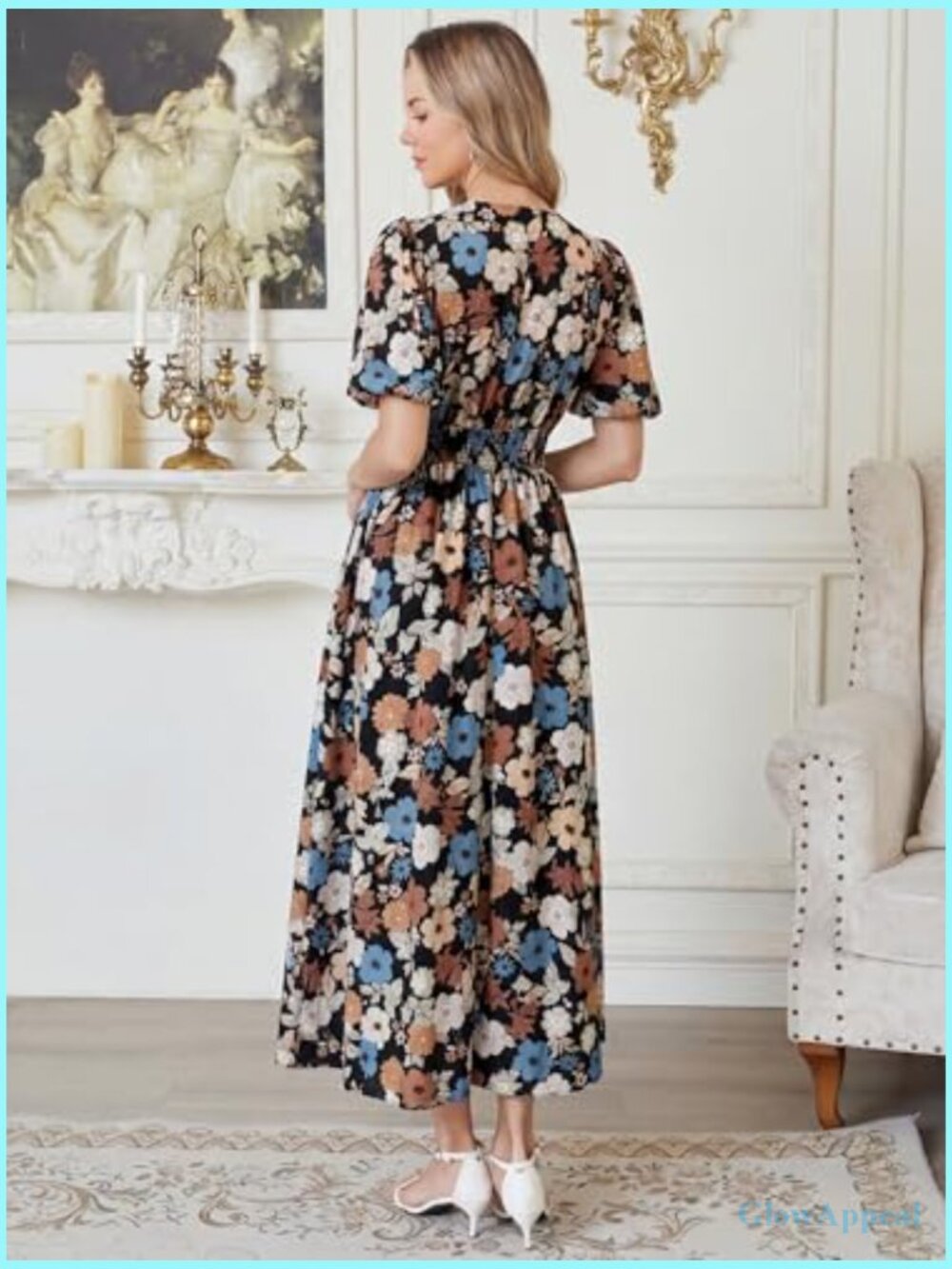 Floral A-Line Puff Sleeve Maxi Dress for Weddings & Parties - Picture 6 of 7